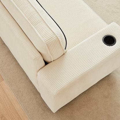 Canapé 3 places beige moderne en velours côtelé 86,5 avec deux espaces de rangement, ports de chargement USB et deux porte-gobelets