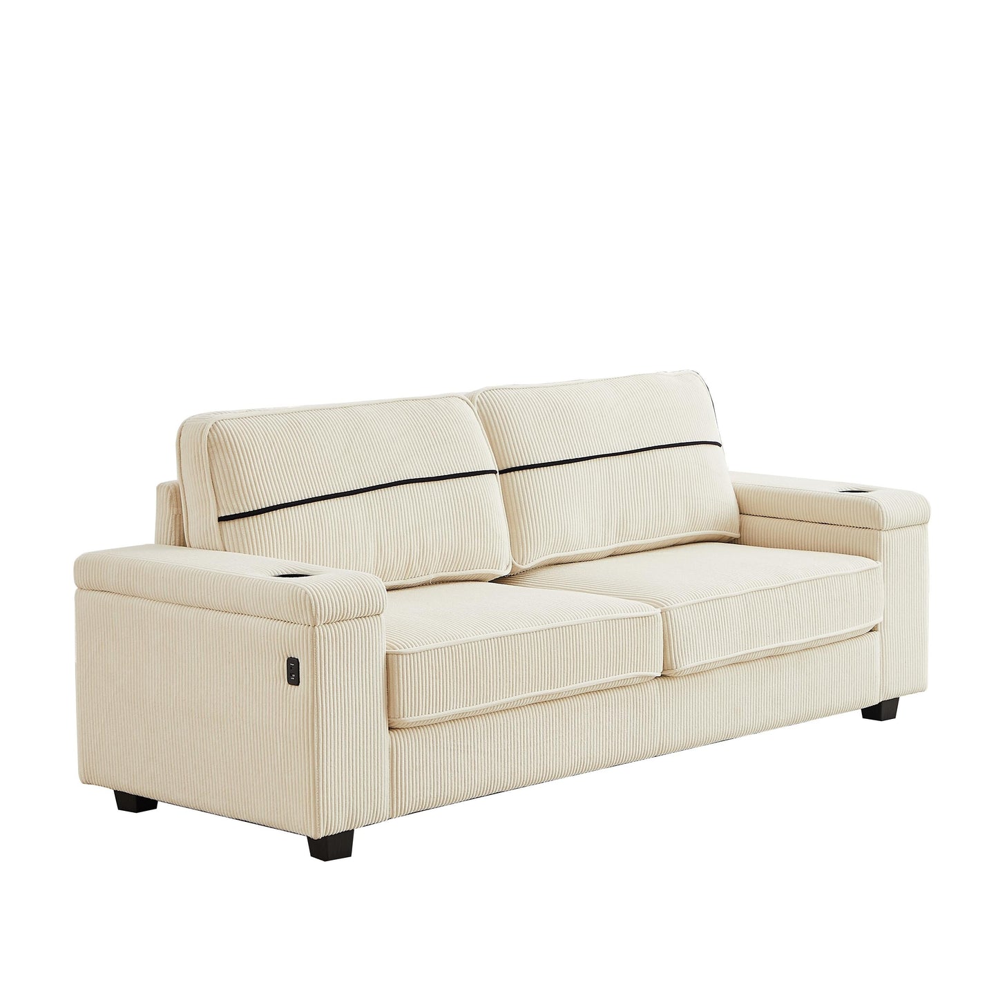 Canapé 3 places beige moderne en velours côtelé 86,5 avec deux espaces de rangement, ports de chargement USB et deux porte-gobelets
