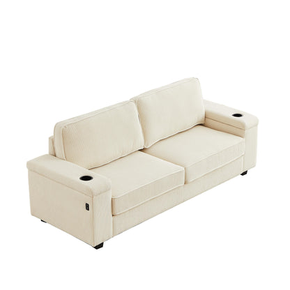 Canapé 3 places beige moderne en velours côtelé 86,5 avec deux espaces de rangement, ports de chargement USB et deux porte-gobelets