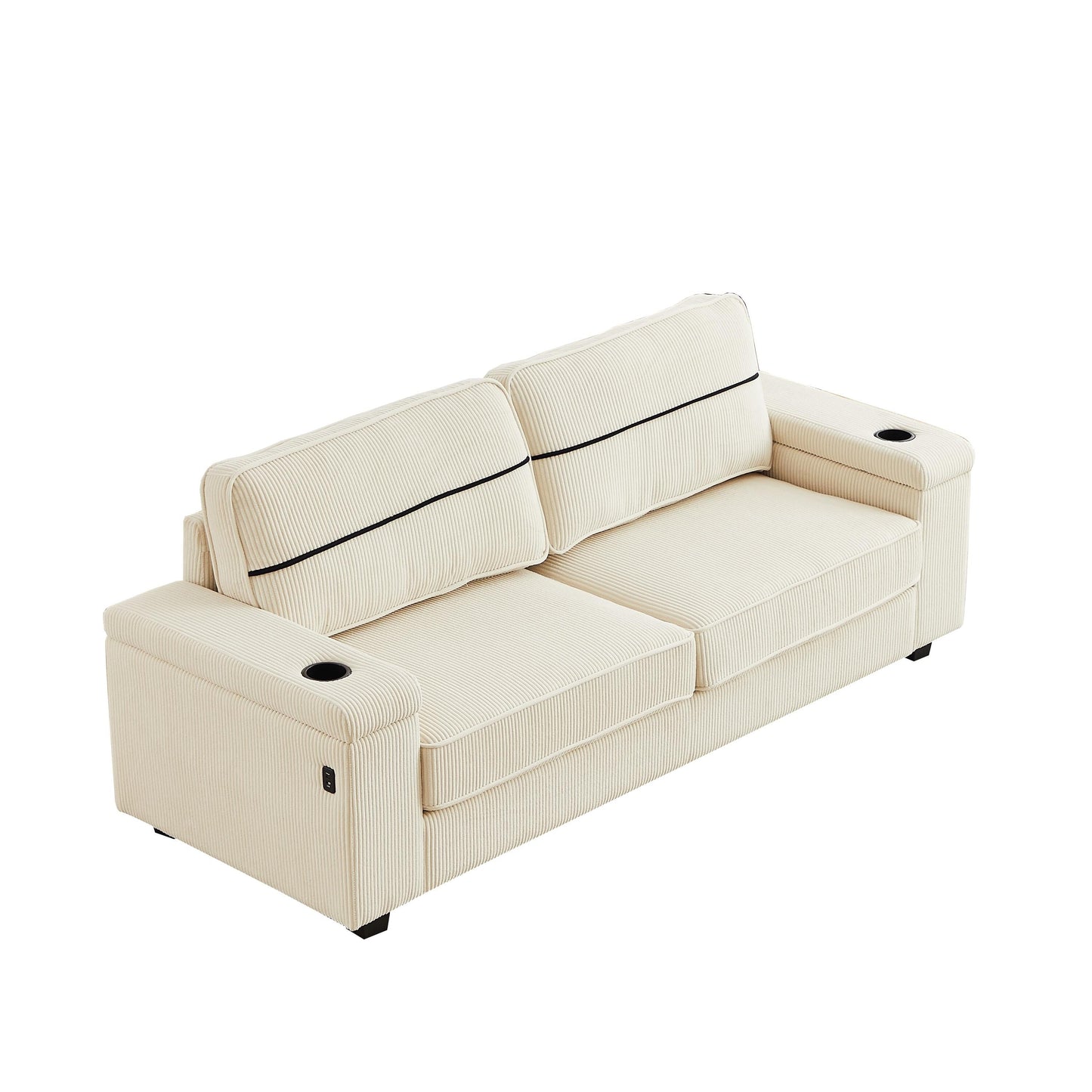 Canapé 3 places beige moderne en velours côtelé 86,5 avec deux espaces de rangement, ports de chargement USB et deux porte-gobelets