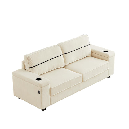 Canapé 3 places beige moderne en velours côtelé 86,5 avec deux espaces de rangement, ports de chargement USB et deux porte-gobelets