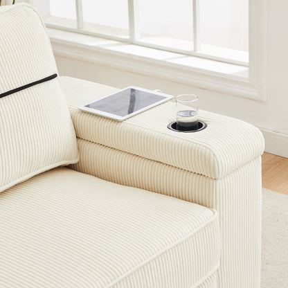 Canapé 3 places beige moderne en velours côtelé 86,5 avec deux espaces de rangement, ports de chargement USB et deux porte-gobelets