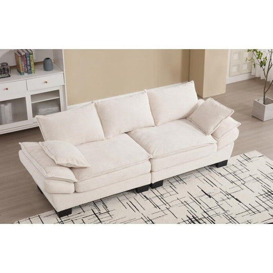 Canapé 3 places en velours côtelé beige moderne 88,6 avec deux coussins et pieds larges en plastique pour le salon