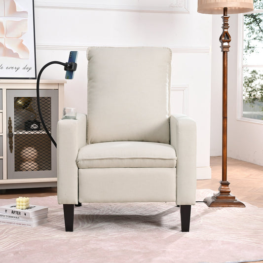 Fauteuil inclinable manuel moderne en tissu beige avec support pour téléphone portable, porte-gobelet et repose-pieds