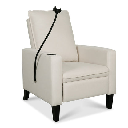 Fauteuil inclinable manuel moderne en tissu beige avec support pour téléphone portable, porte-gobelet et repose-pieds