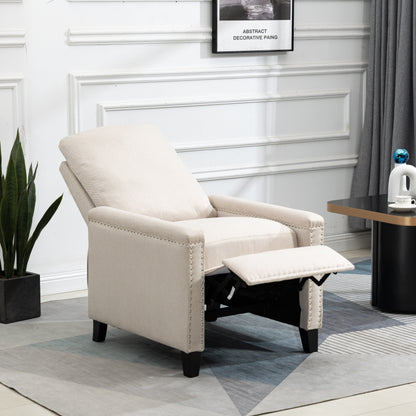 Fauteuil inclinable manuel en velours beige moderne avec coussins et décoration cloutée