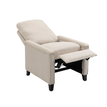 Fauteuil inclinable manuel en velours beige moderne avec coussins et décoration cloutée