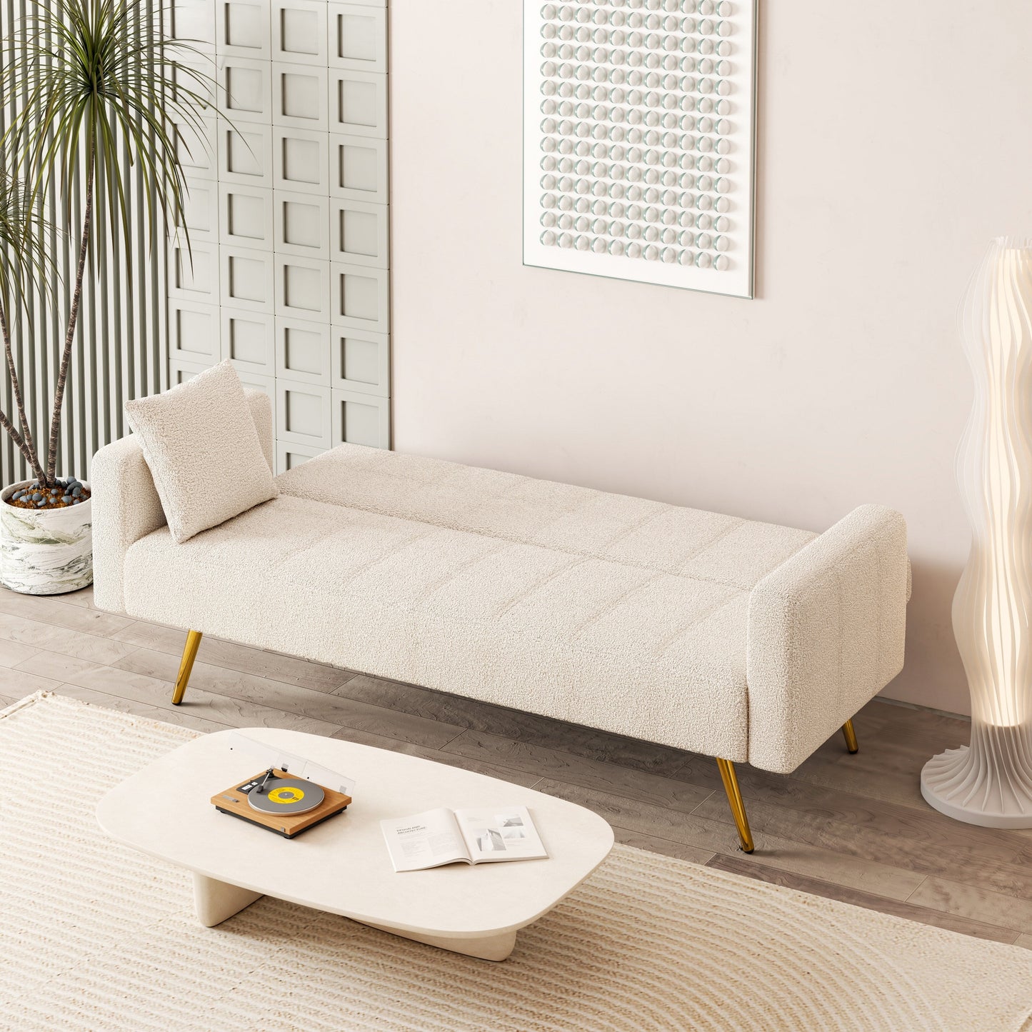 Canapé-lit pliant multifonctionnel beige avec pieds en métal et oreiller