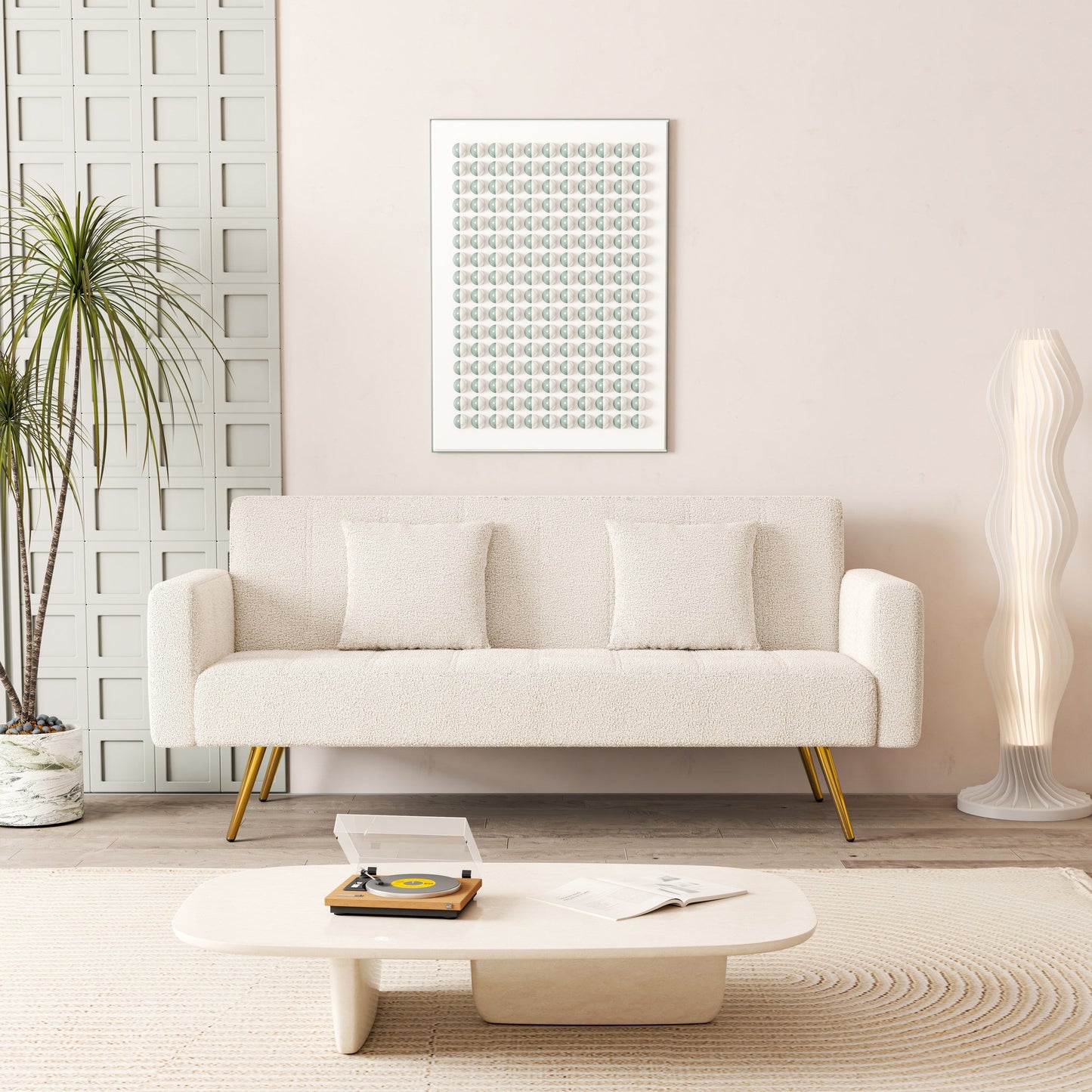 Canapé-lit pliant multifonctionnel beige avec pieds en métal et oreiller