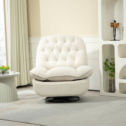 Fauteuil inclinable manuel pivotant à 360°, rembourré en chenille beige surdimensionnée avec repose-pieds allongé et dossier capitonné
