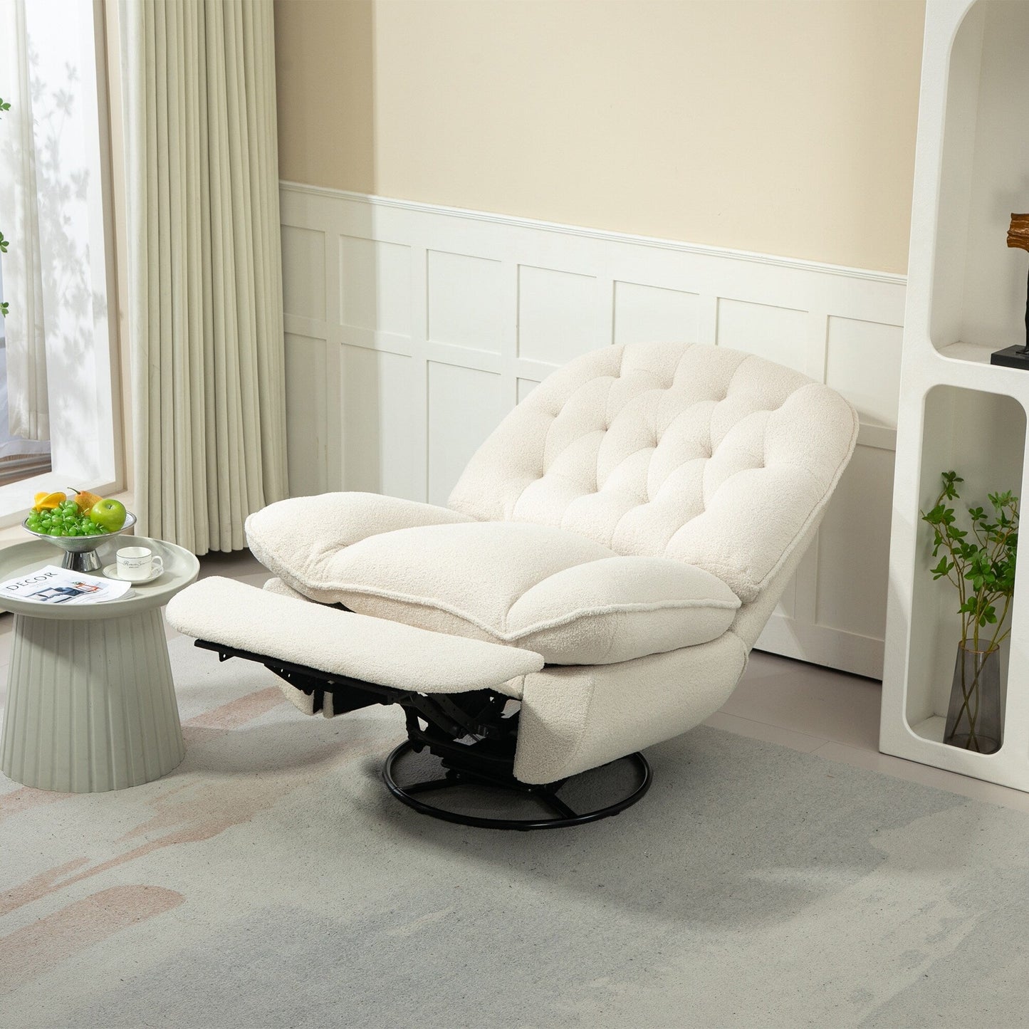 Fauteuil inclinable manuel pivotant à 360°, rembourré en chenille beige surdimensionnée avec repose-pieds allongé et dossier capitonné