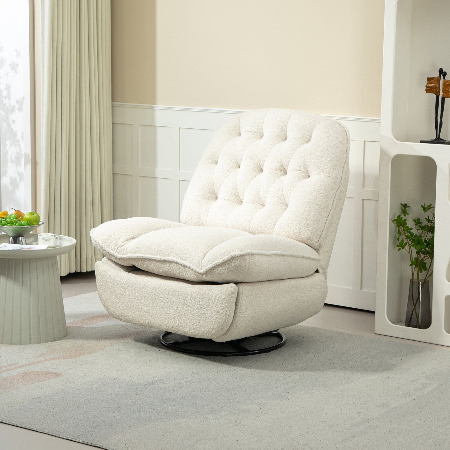 Fauteuil inclinable manuel pivotant à 360°, rembourré en chenille beige surdimensionnée avec repose-pieds allongé et dossier capitonné