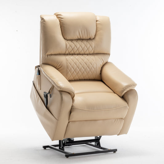Fauteuil inclinable électrique surdimensionné beige avec moteur OKIN, relevage à plat à 180°, siège extra-large et poches de rangement