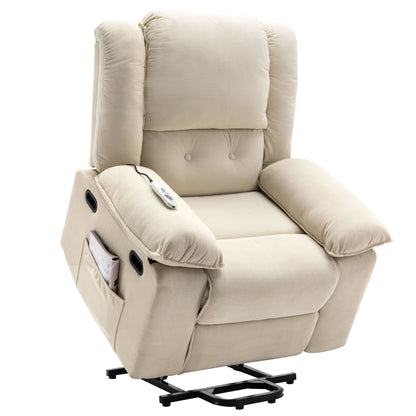 Fauteuil inclinable électrique beige pour personnes âgées avec massage, chauffage, inclinaison réglable, poches latérales et positions infinies