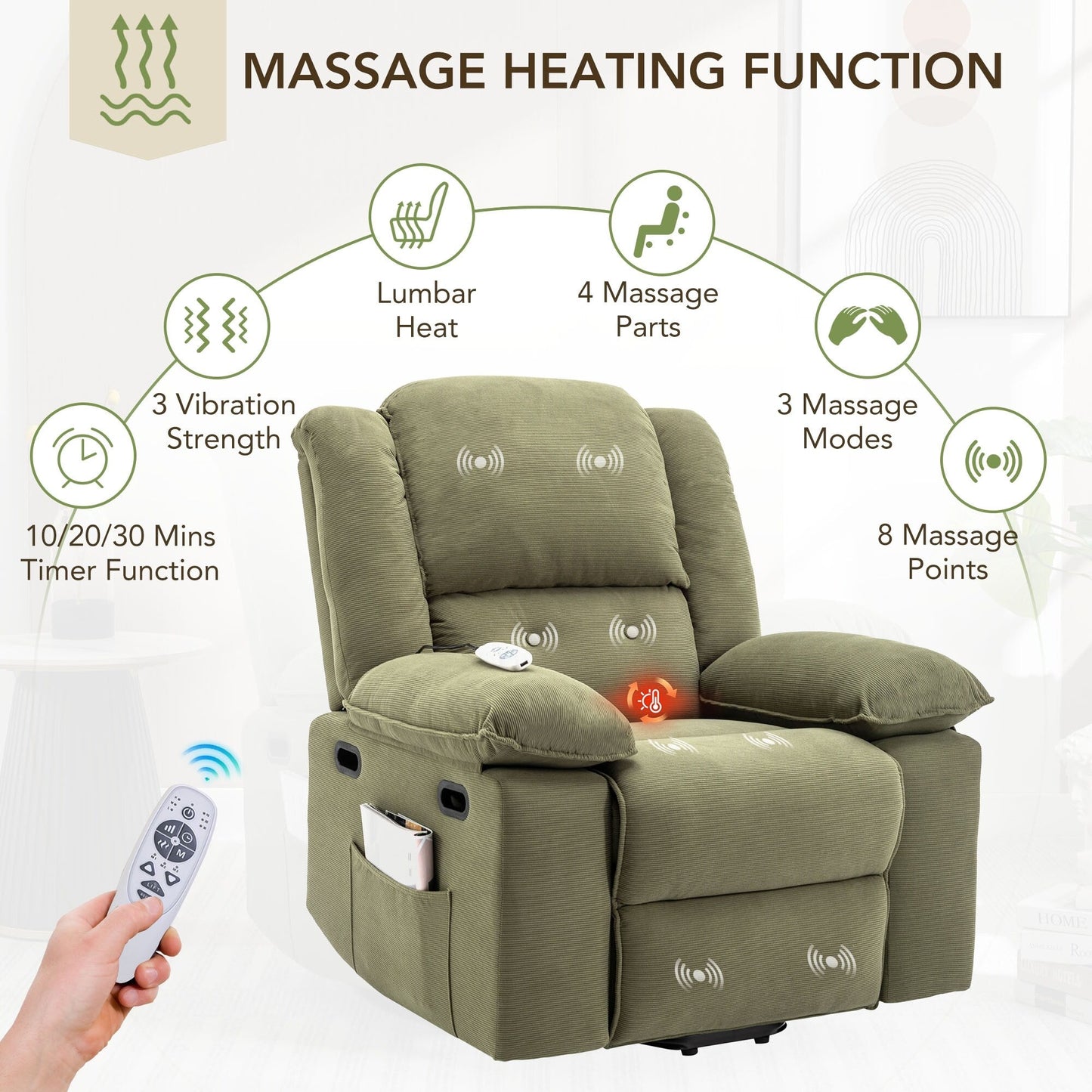 Fauteuil inclinable électrique beige pour personnes âgées avec massage, chauffage, inclinaison réglable, poches latérales et positions infinies