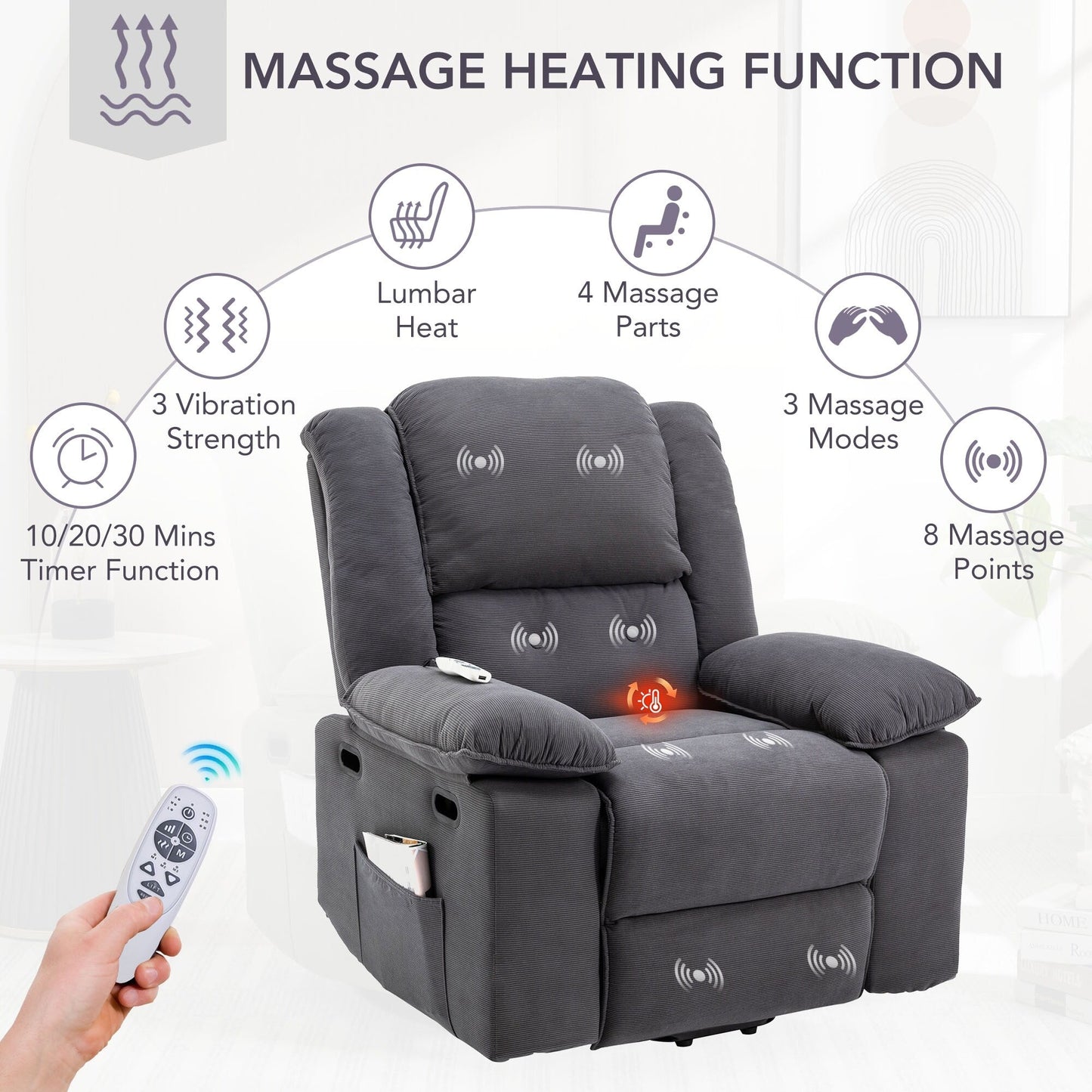 Fauteuil inclinable électrique beige pour personnes âgées avec massage, chauffage, inclinaison réglable, poches latérales et positions infinies