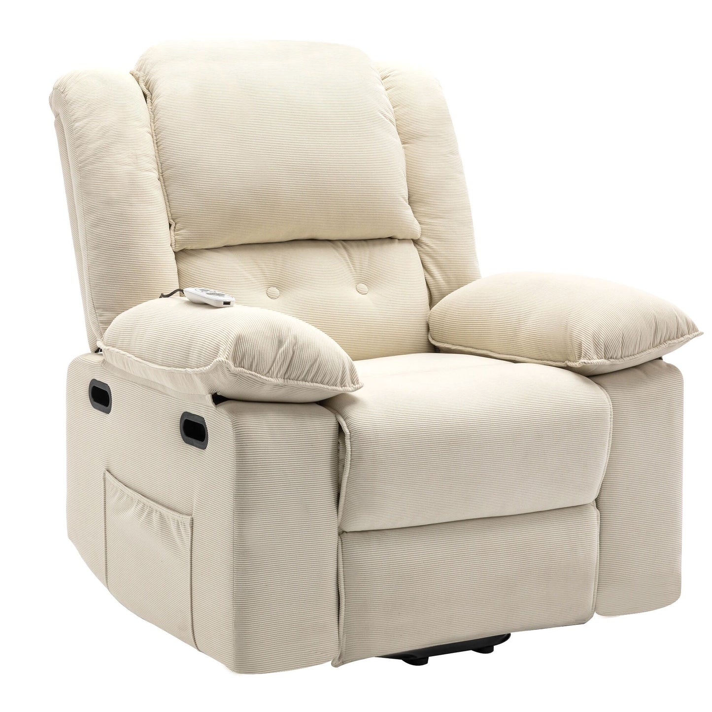 Fauteuil inclinable électrique beige pour personnes âgées avec massage, chauffage, inclinaison réglable, poches latérales et positions illimitées