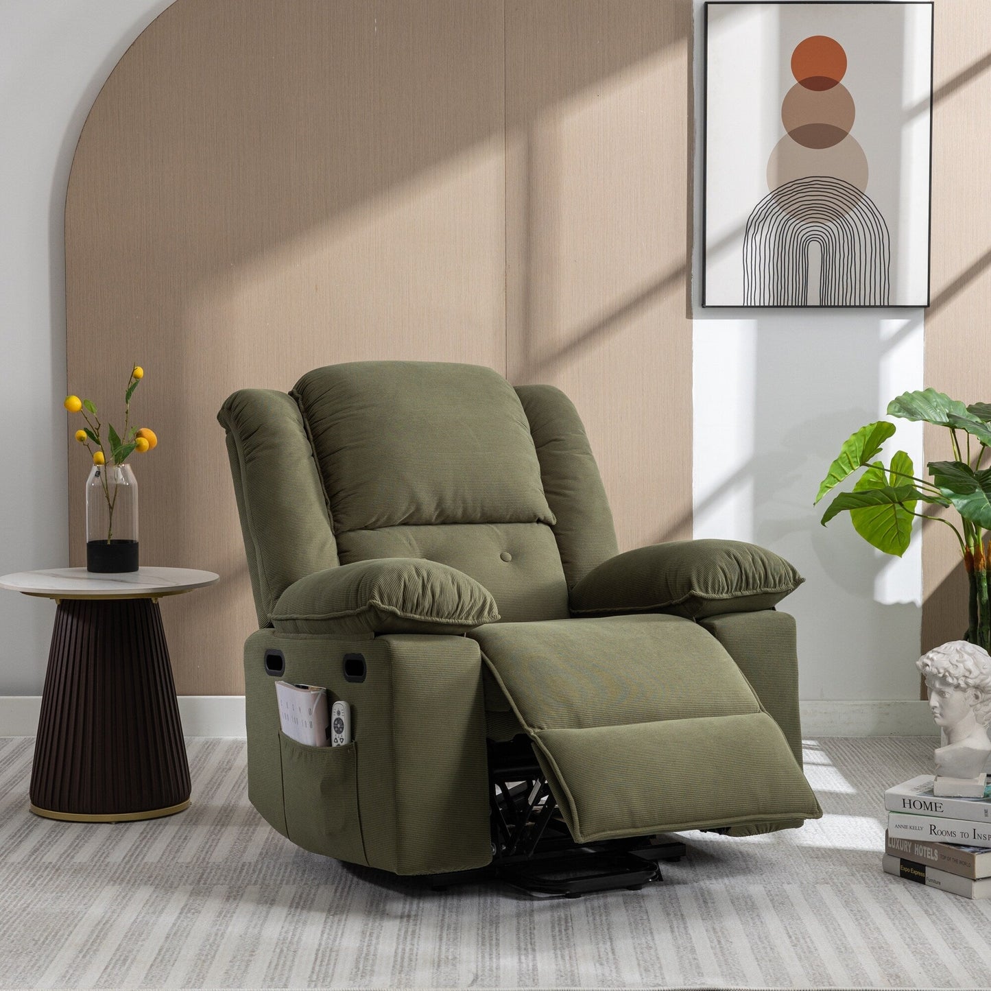 Fauteuil inclinable électrique beige pour personnes âgées avec massage, chauffage, inclinaison réglable, poches latérales et positions illimitées