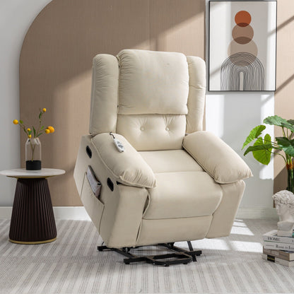 Fauteuil inclinable électrique beige pour personnes âgées avec massage, chauffage, inclinaison réglable, poches latérales et positions illimitées