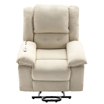 Fauteuil inclinable électrique beige pour personnes âgées avec massage, chauffage, inclinaison réglable, poches latérales et positions illimitées