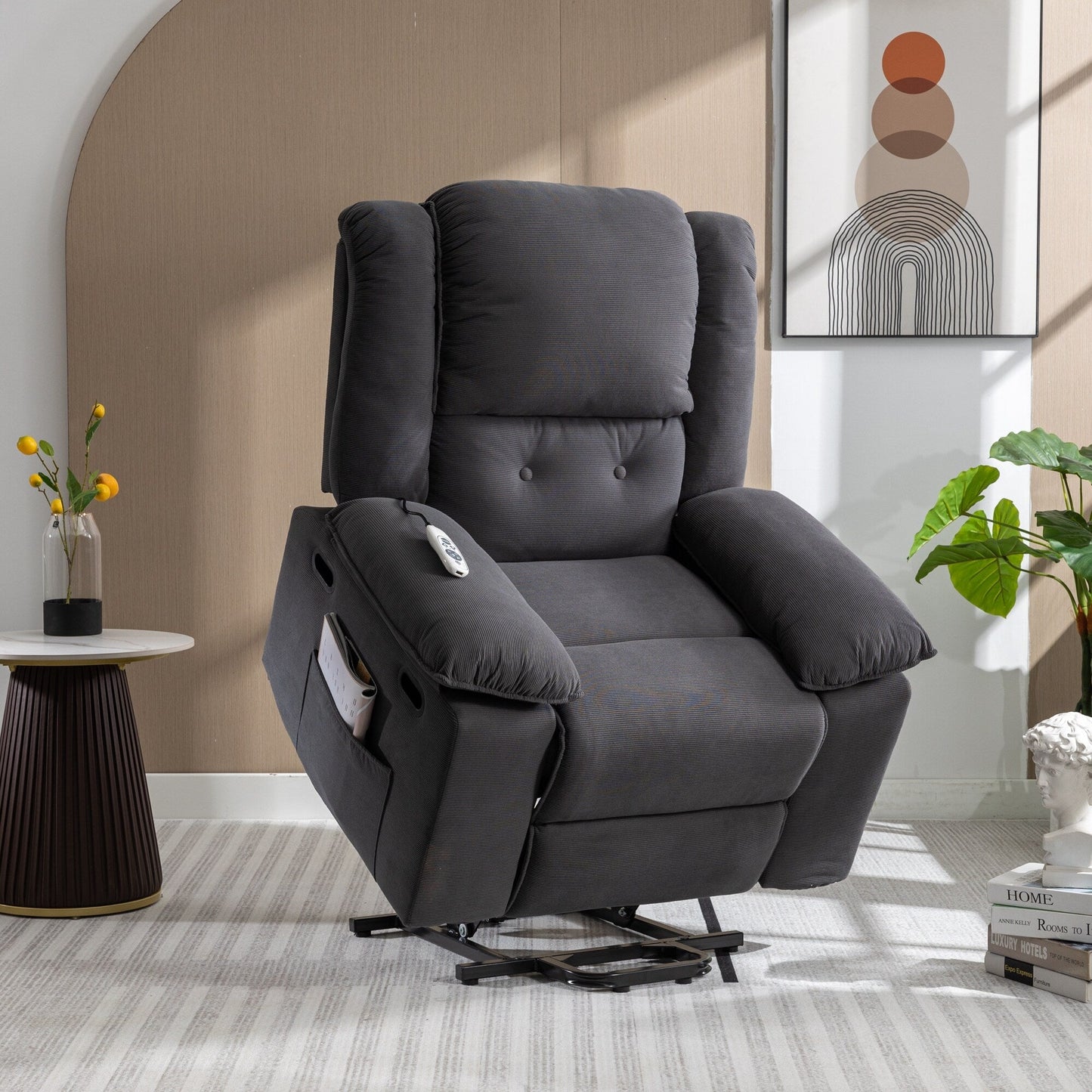 Fauteuil inclinable électrique beige pour personnes âgées avec massage, chauffage, inclinaison réglable, poches latérales et positions illimitées