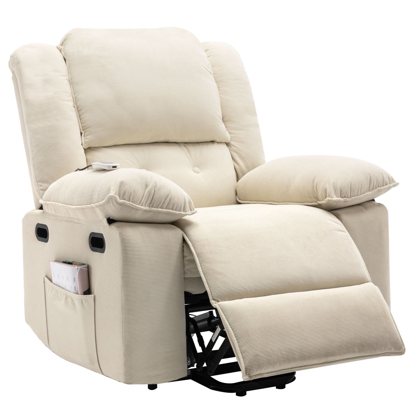 Fauteuil inclinable électrique beige avec massage, chauffage et accoudoirs rétractables
