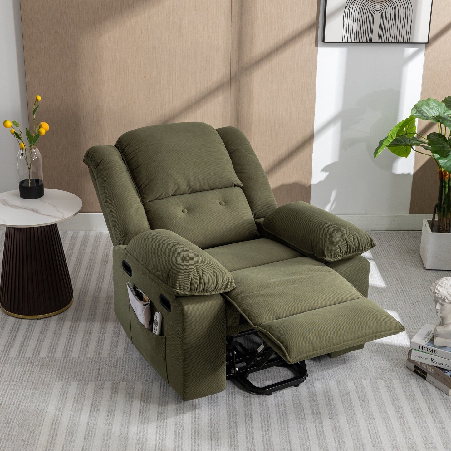 Fauteuil inclinable électrique beige avec massage, chauffage et inclinaison réglable