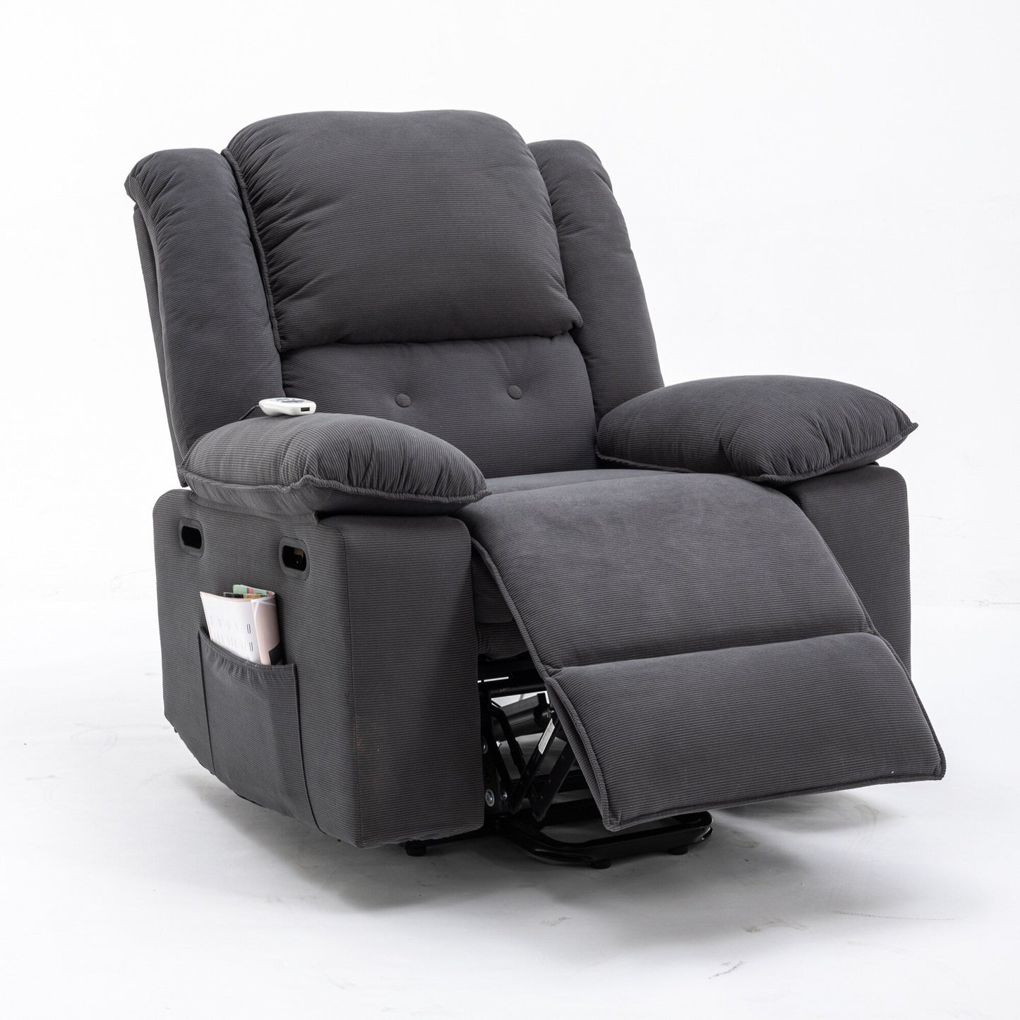 Fauteuil inclinable électrique beige avec massage, chauffage, inclinaison infinie, poches latérales et accoudoirs rétractables