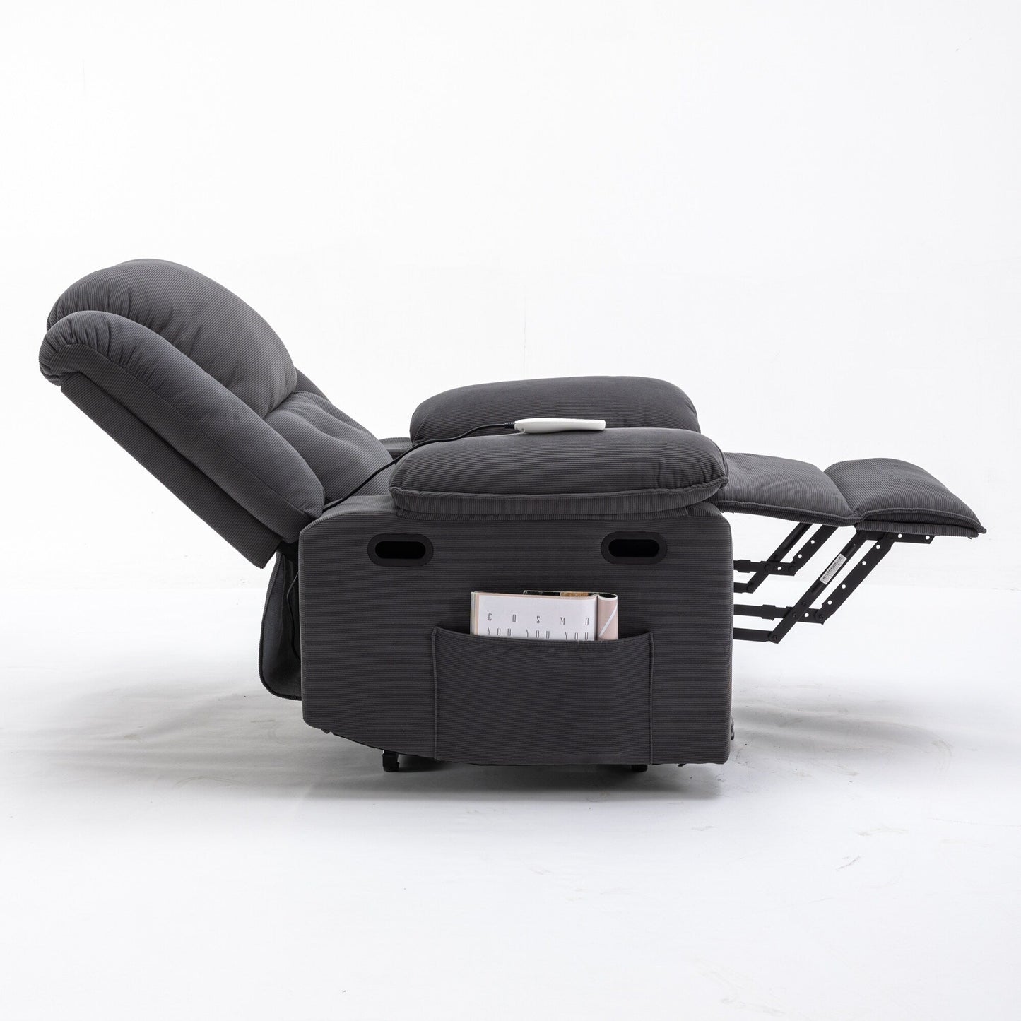 Fauteuil inclinable électrique beige avec massage, chauffage, inclinaison infinie, poches latérales et accoudoirs rétractables