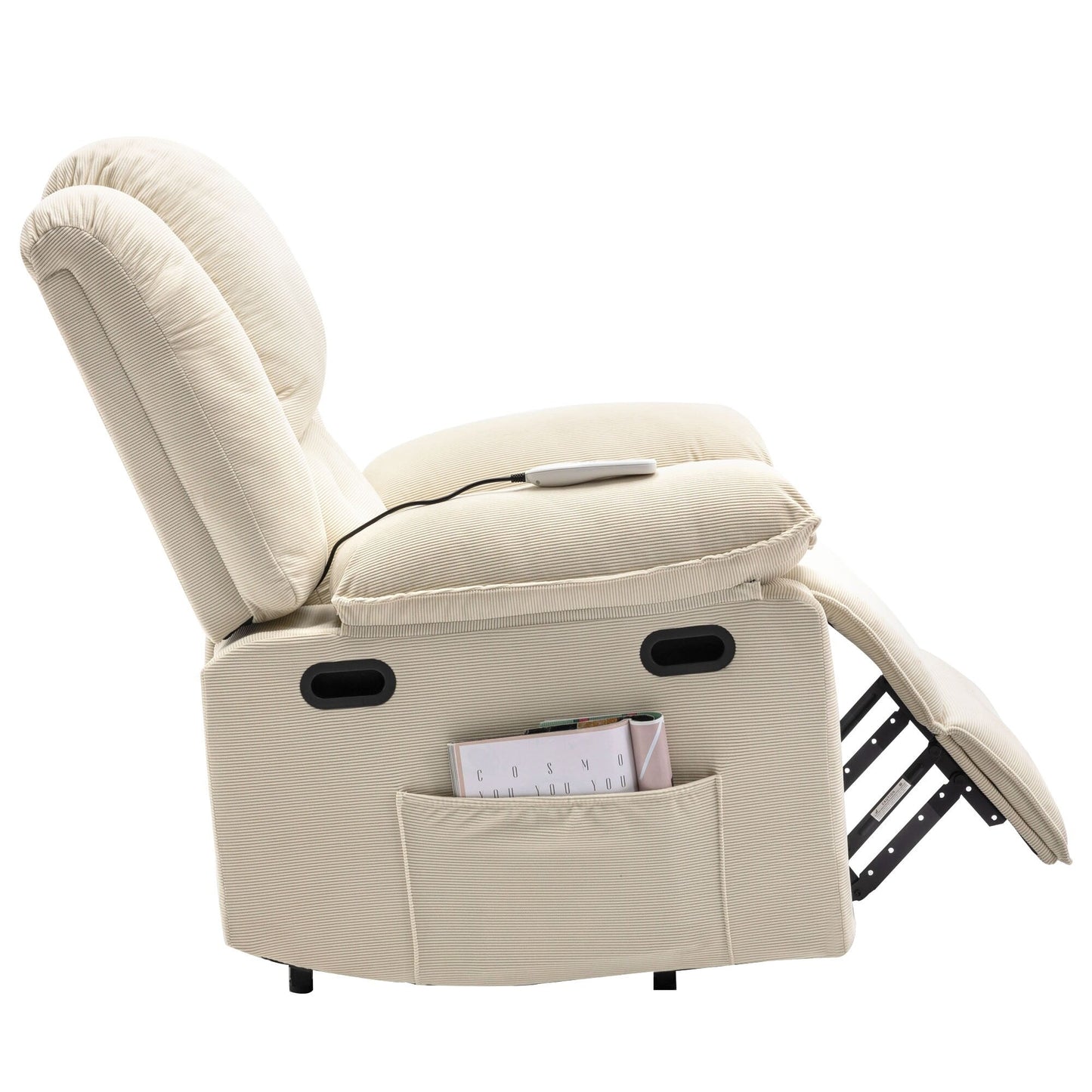 Fauteuil inclinable électrique beige avec massage, chauffage, inclinaison infinie, poches latérales et accoudoirs rétractables
