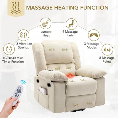 Fauteuil inclinable électrique beige avec massage, chauffage, inclinaison infinie, poches latérales et accoudoirs rétractables