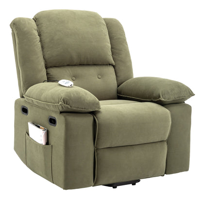 Fauteuil inclinable électrique beige avec massage, chauffage, inclinaison infinie, poches latérales et accoudoirs rétractables