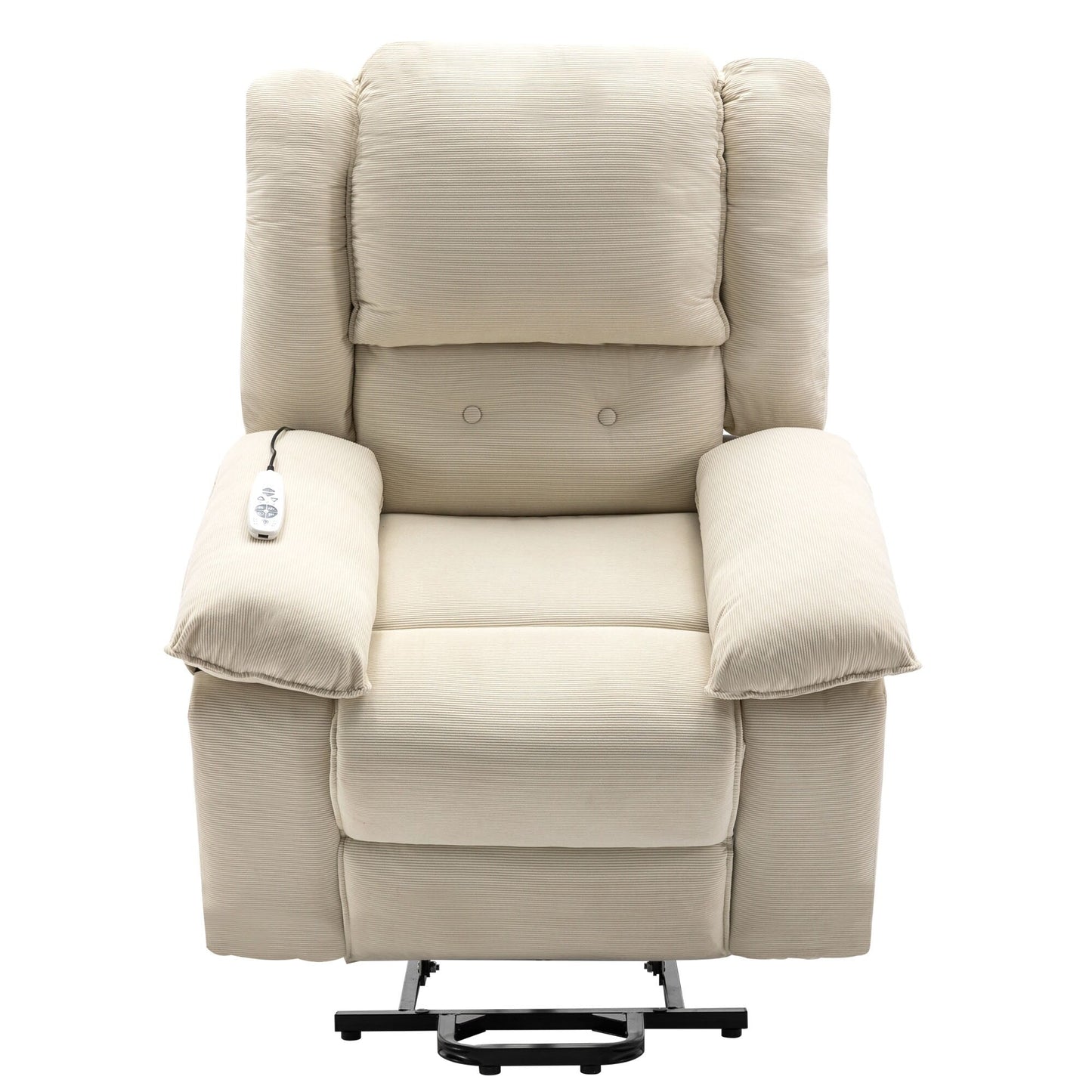 Fauteuil inclinable électrique beige avec massage, chauffage, inclinaison infinie, poches latérales et accoudoirs rétractables