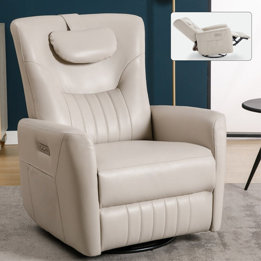Fauteuil inclinable pivotant beige avec support lombaire et cervical, ports de chargement USB et Type-C