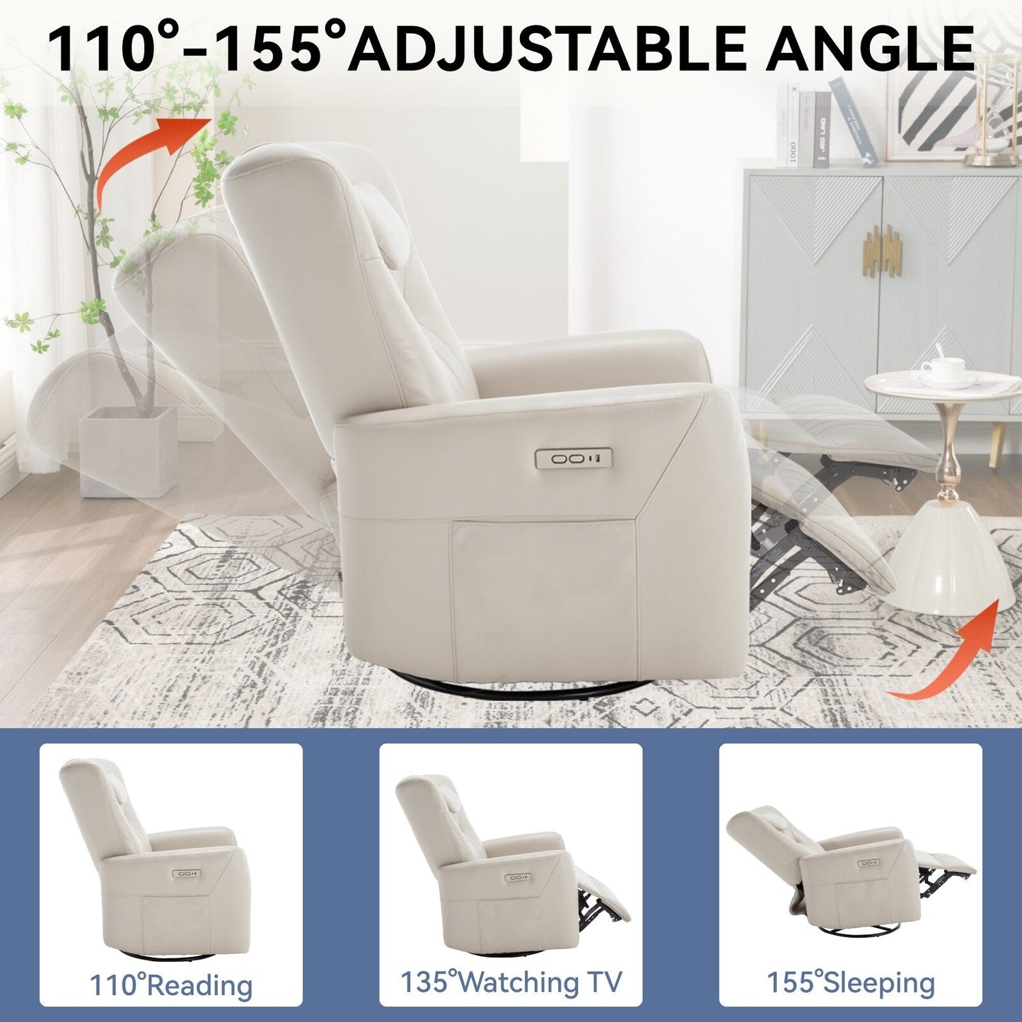 Fauteuil inclinable pivotant électrique beige avec support lombaire et ports USB