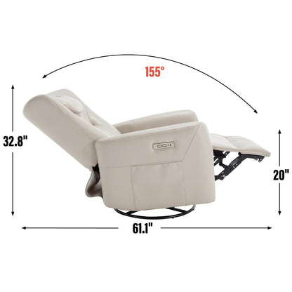 Fauteuil inclinable pivotant électrique beige avec support lombaire et cervical, ports de chargement USB et Type-C