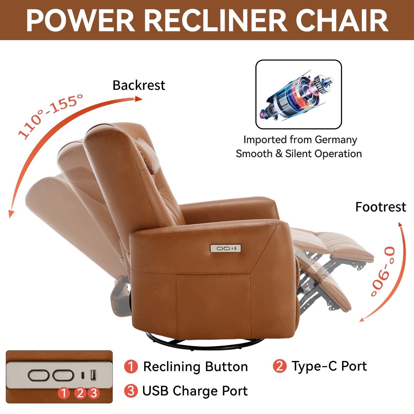 Fauteuil inclinable pivotant électrique beige avec support lombaire et cervical, ports de chargement USB et Type-C