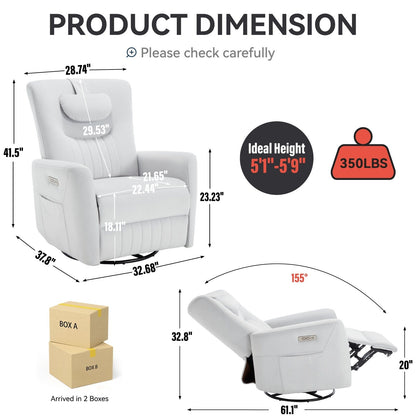 Fauteuil inclinable pivotant électrique beige avec support lombaire et cervical, ports de chargement USB et Type-C