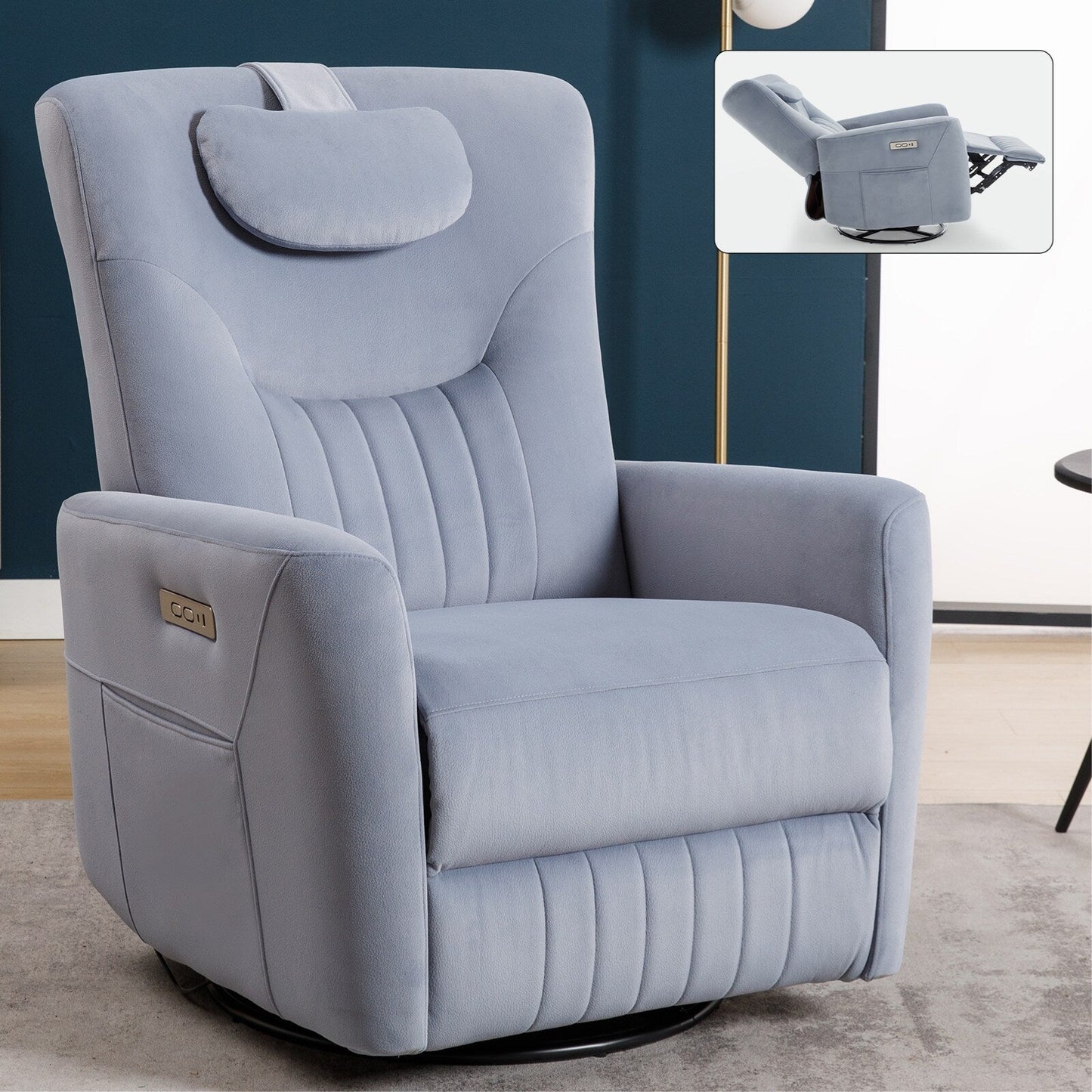 Fauteuil inclinable pivotant électrique beige avec support lombaire et cervical, ports de chargement USB et Type-C