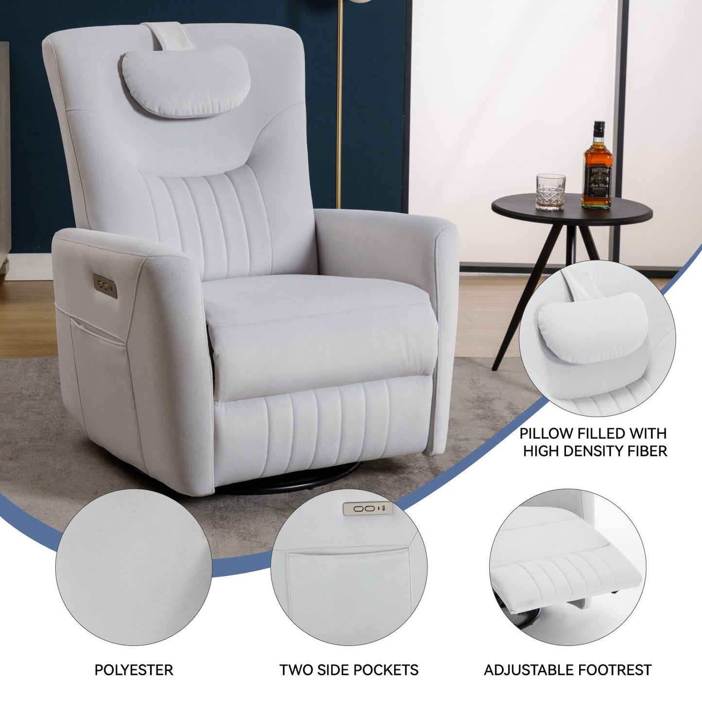 Fauteuil inclinable pivotant électrique beige avec support lombaire et cervical, ainsi que des installations de charge USB et Type-C