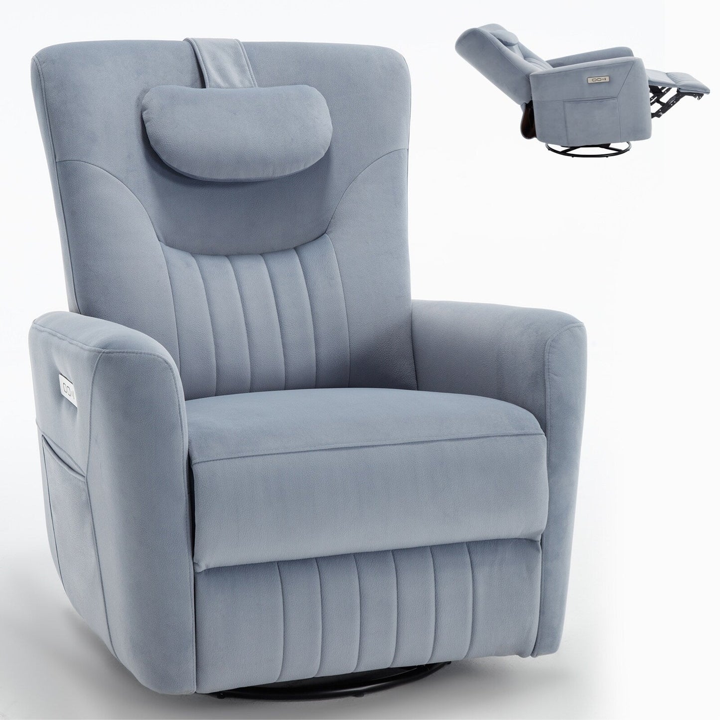 Fauteuil inclinable pivotant électrique beige avec support lombaire et cervical, ainsi que des installations de charge USB et Type-C