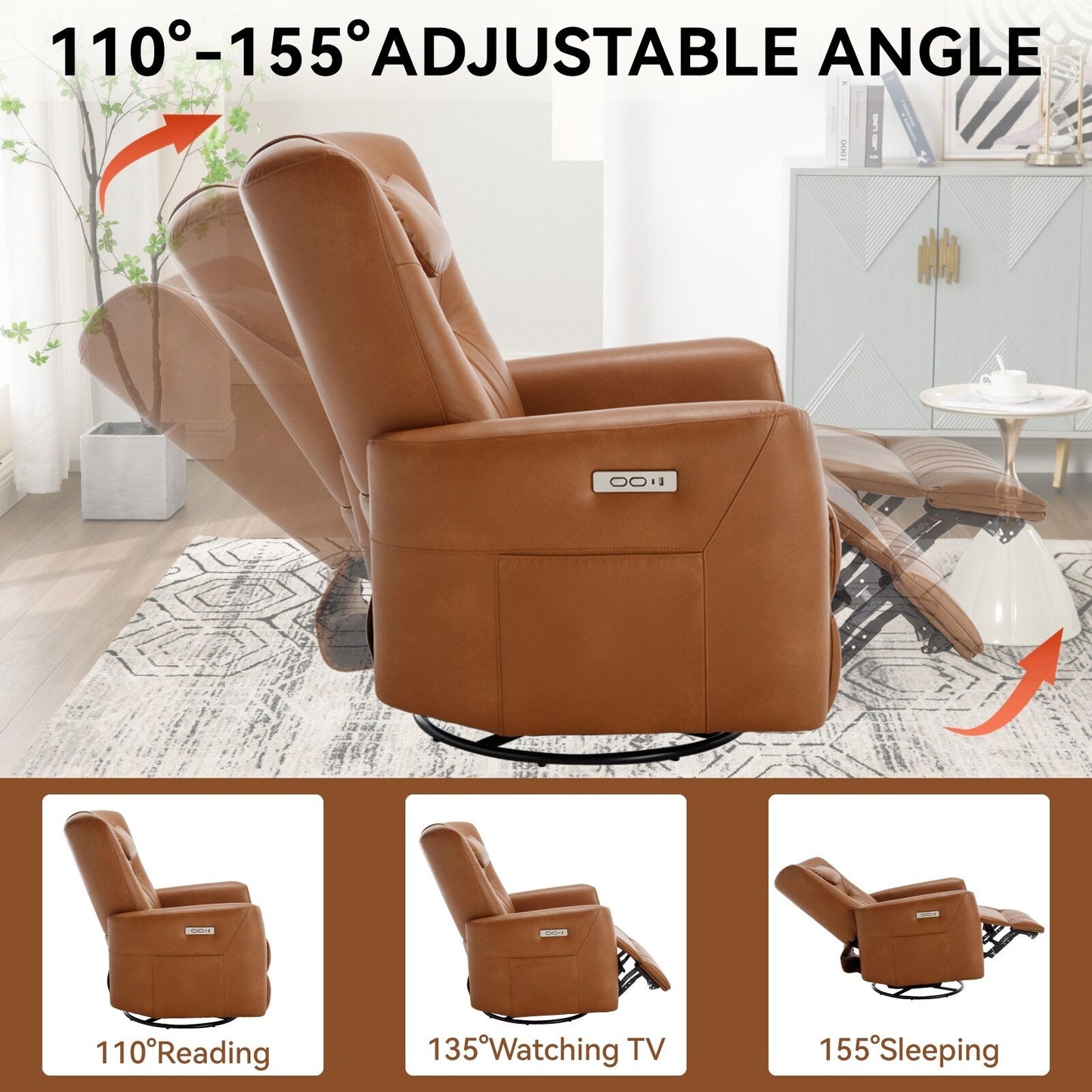 Fauteuil inclinable pivotant électrique beige avec support lombaire et cervical, avec options de chargement USB et Type-C