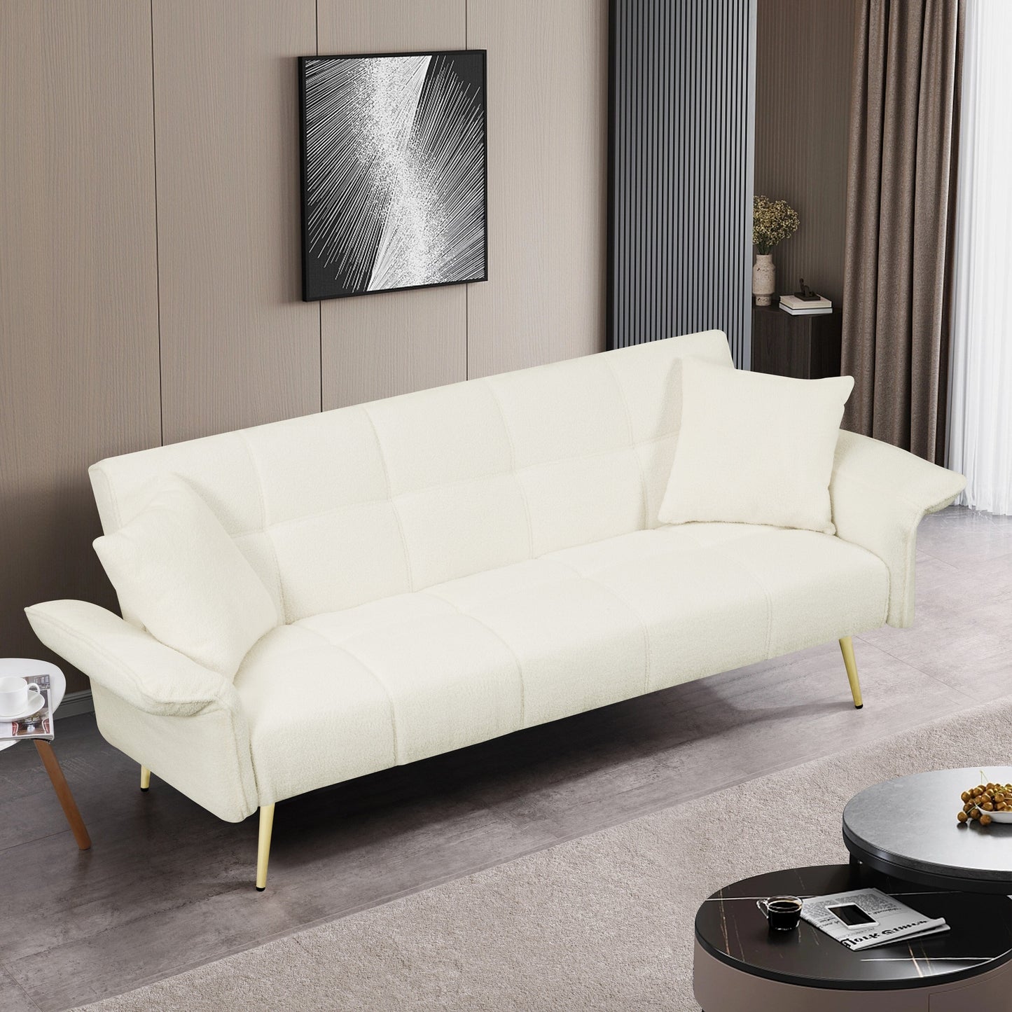 Canapé-lit futon convertible en polaire beige