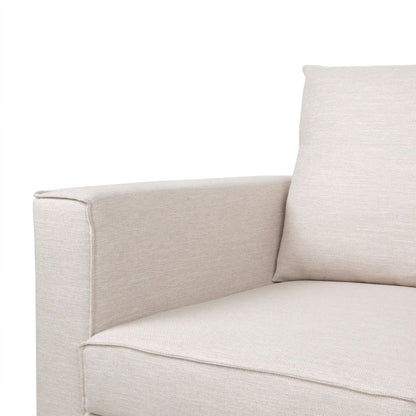 Canapé 3 places beige rembourré avec coussins et pieds en bois