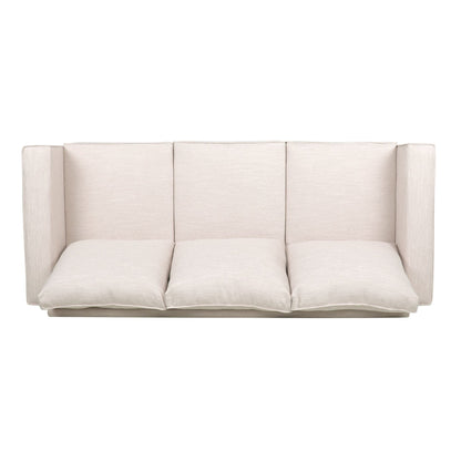 Canapé 3 places beige rembourré avec coussins et pieds en bois