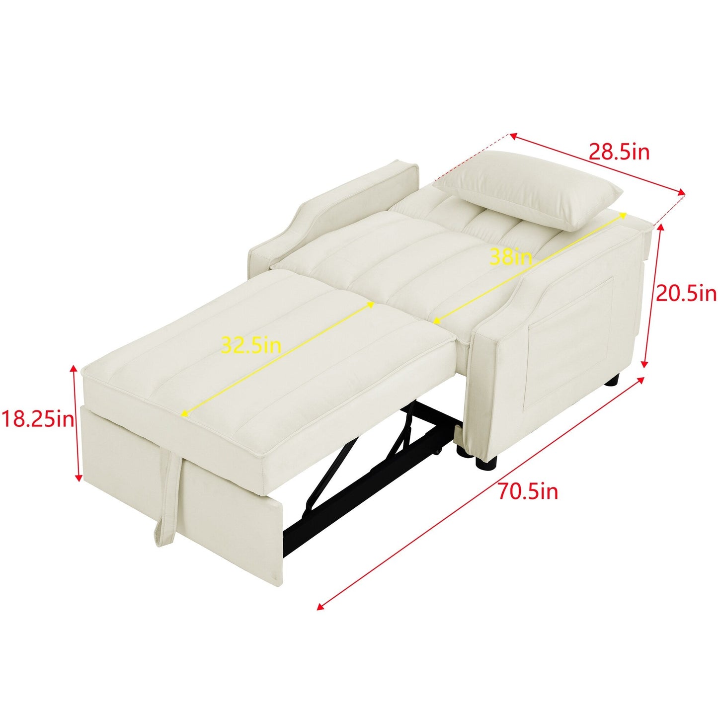 Canapé-lit simple convertible en velours beige 35,5 avec lit gigogne, poche de rangement et oreillers