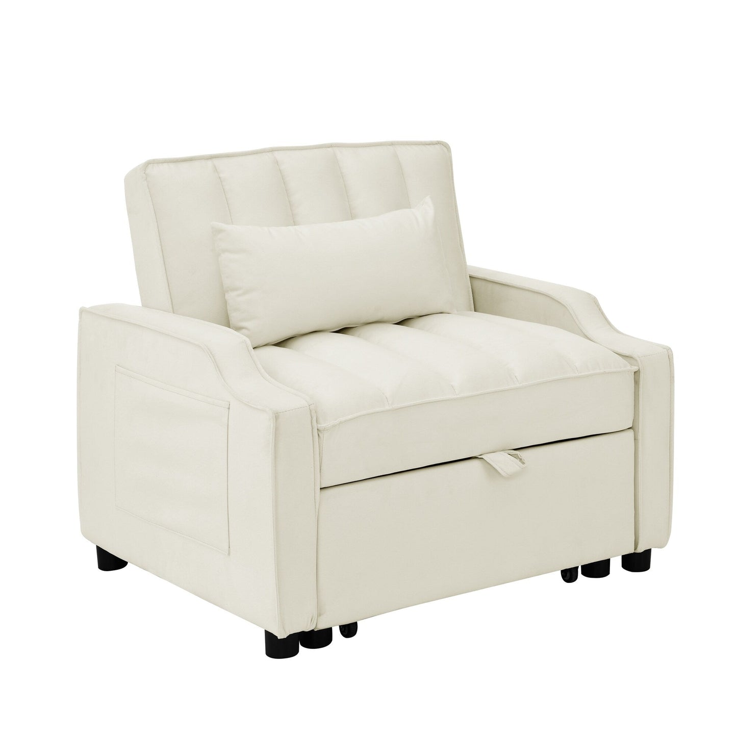 Canapé-lit simple convertible en velours beige 35,5 avec lit gigogne, poche de rangement et oreillers