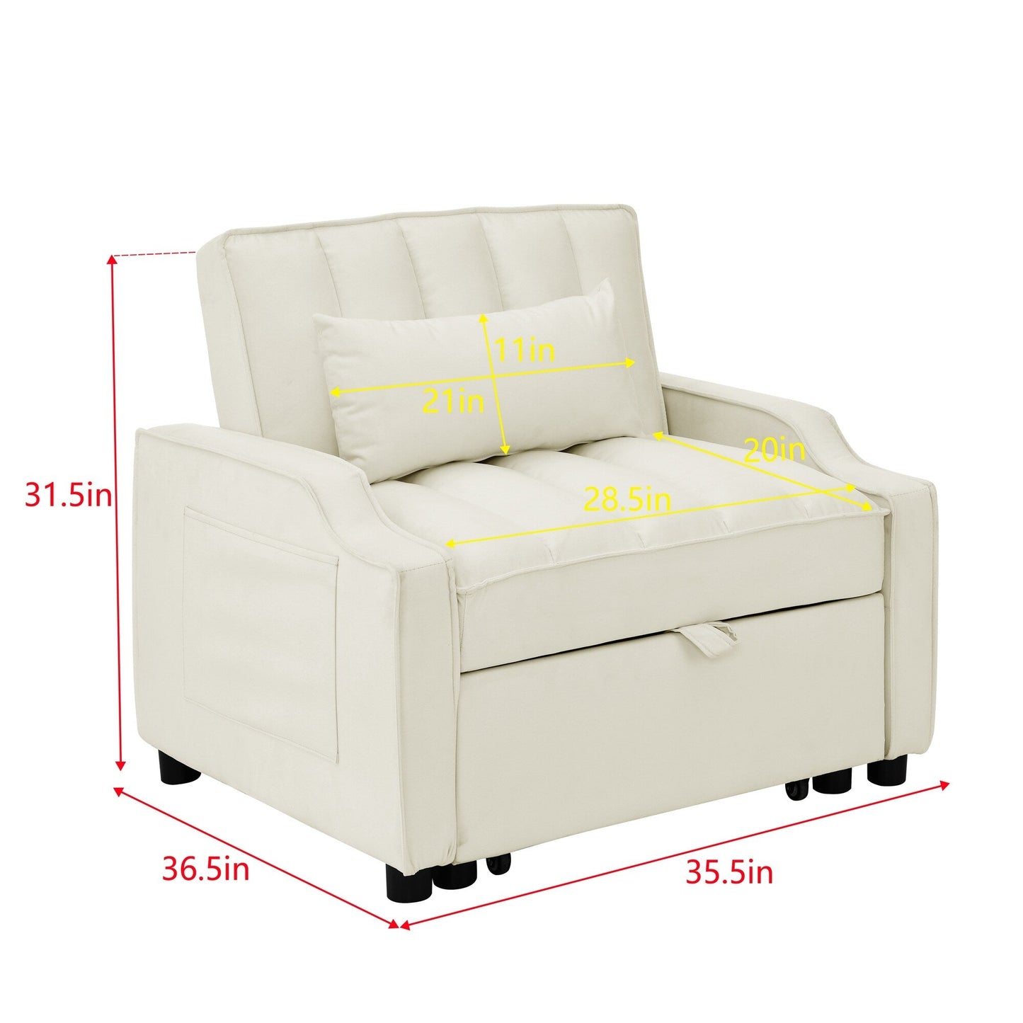 Canapé-lit simple convertible en velours beige 35,5 avec lit gigogne, poche de rangement et oreillers