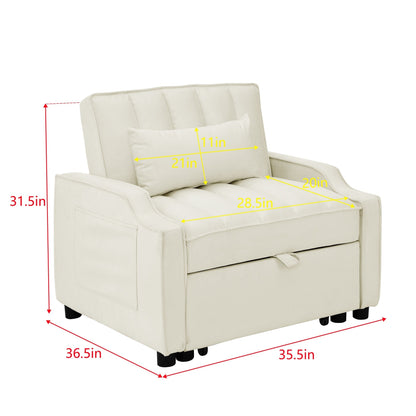 Canapé-lit simple convertible en velours beige 35,5 avec lit gigogne, poche de rangement et oreillers