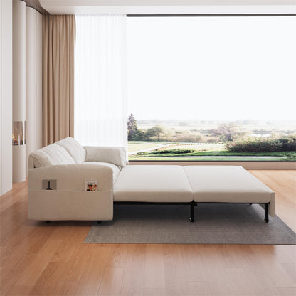 Canapé-lit gigogne en velours beige avec rangement latéral